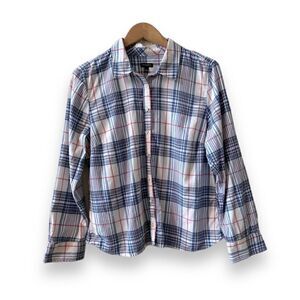Talbots Button Down Plaid Shirt Size Large 100% Cotton White Blue Red